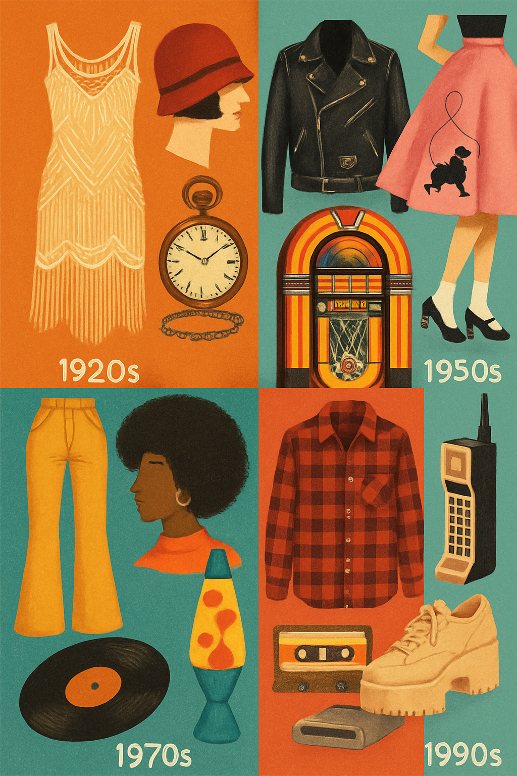 Roupas e objetos de diferentes décadas históricas