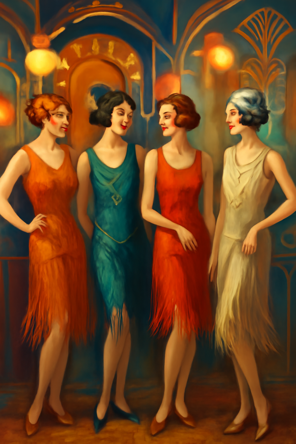 Mulheres usando vestidos flapper típicos dos anos 1920 com franjas e cintura baixa