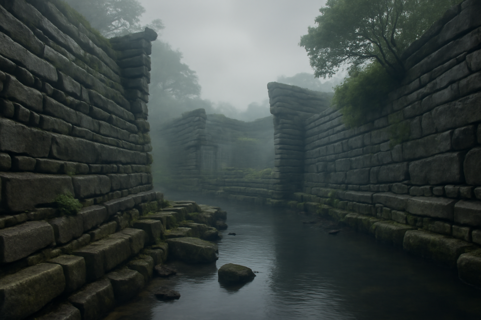 Ruínas de Nan Madol com muros de pedra basáltica e canais